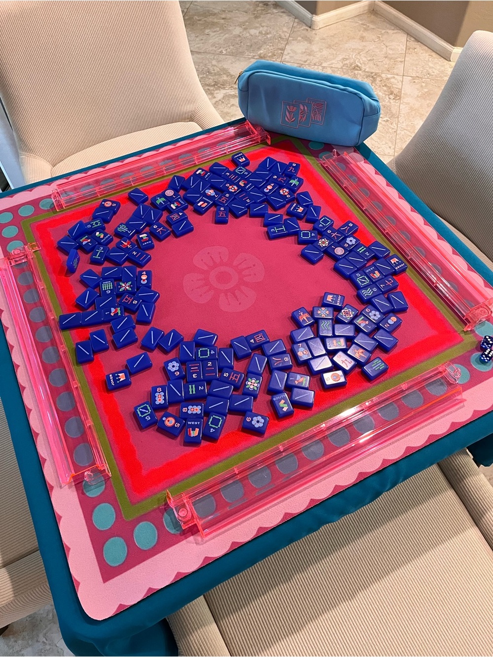 Full Mahjong Set Tiles, Racks, Mat, Dice, Bag Inspired by Blue Minimal Line